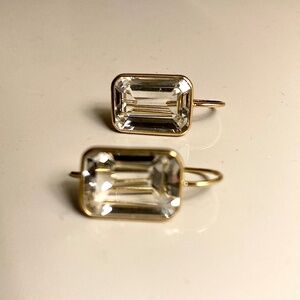 14k SOLID GOLD Emerald Cut White Topaz Mobwife 1990s Earrings Goshwara style!